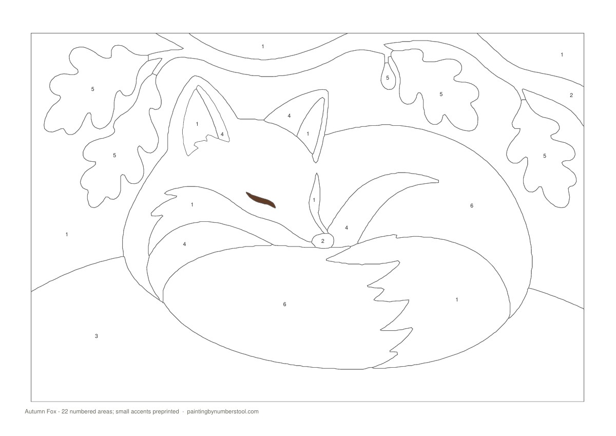 Actual numbered autumn fox outline with large body shapes, leaf details and a small precoloured accent