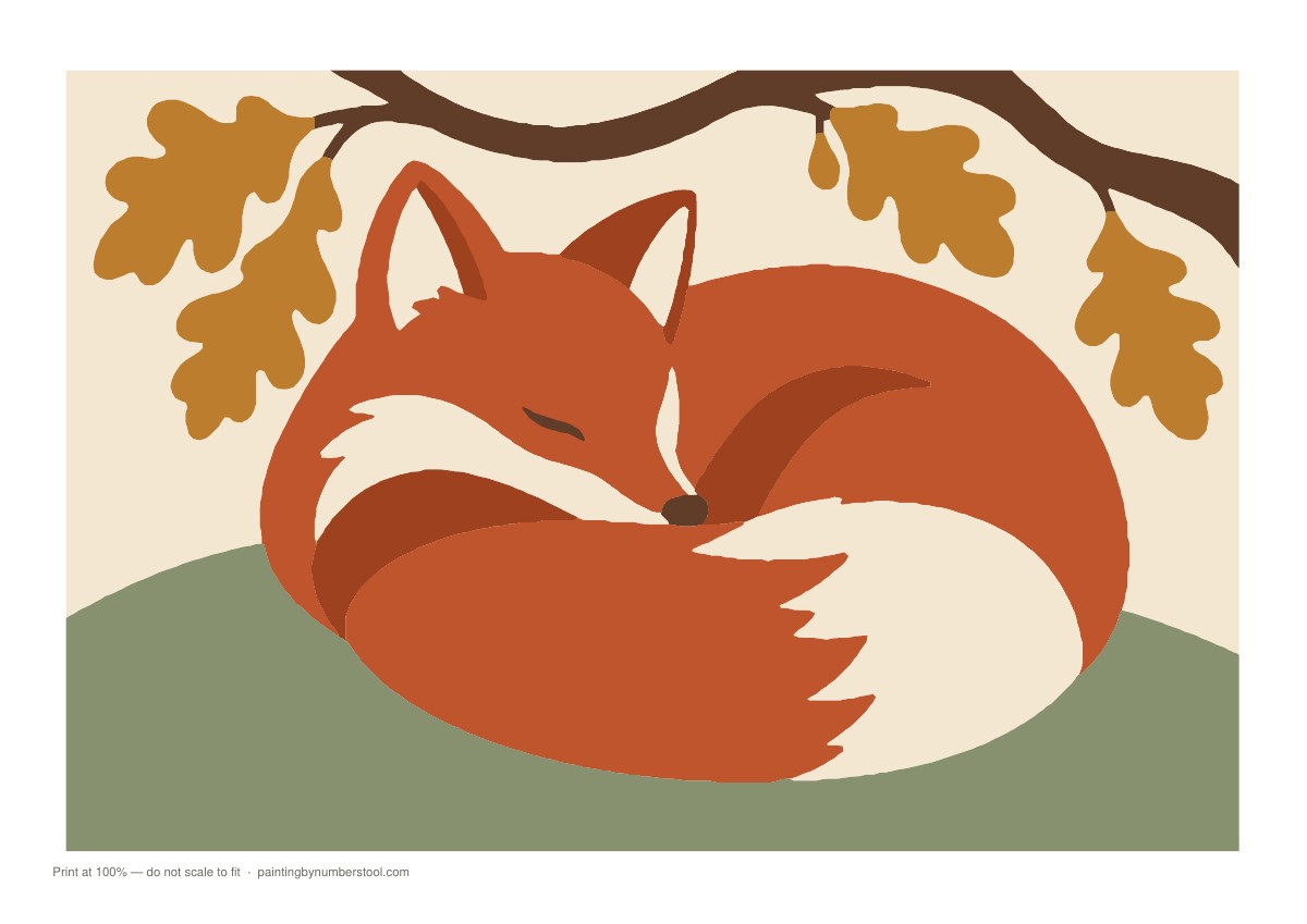 Six-colour autumn fox curled beneath a branch with ochre leaves