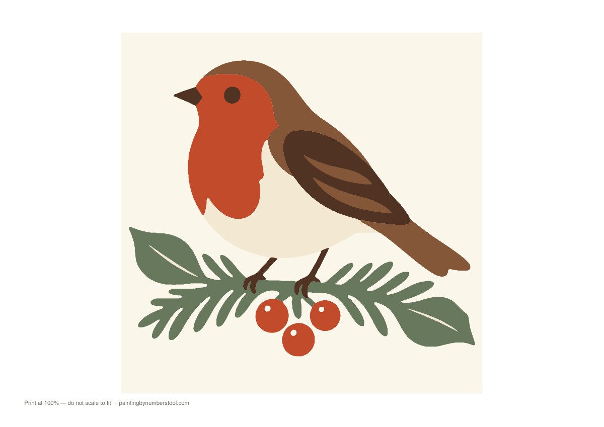 Six-colour robin on a branch with red berries, used on the printable Christmas card