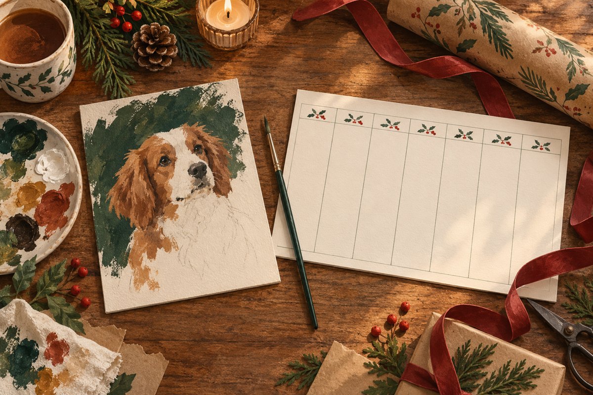 Illustration of an unfinished dog painting beside a weekly planner and Christmas wrapping paper