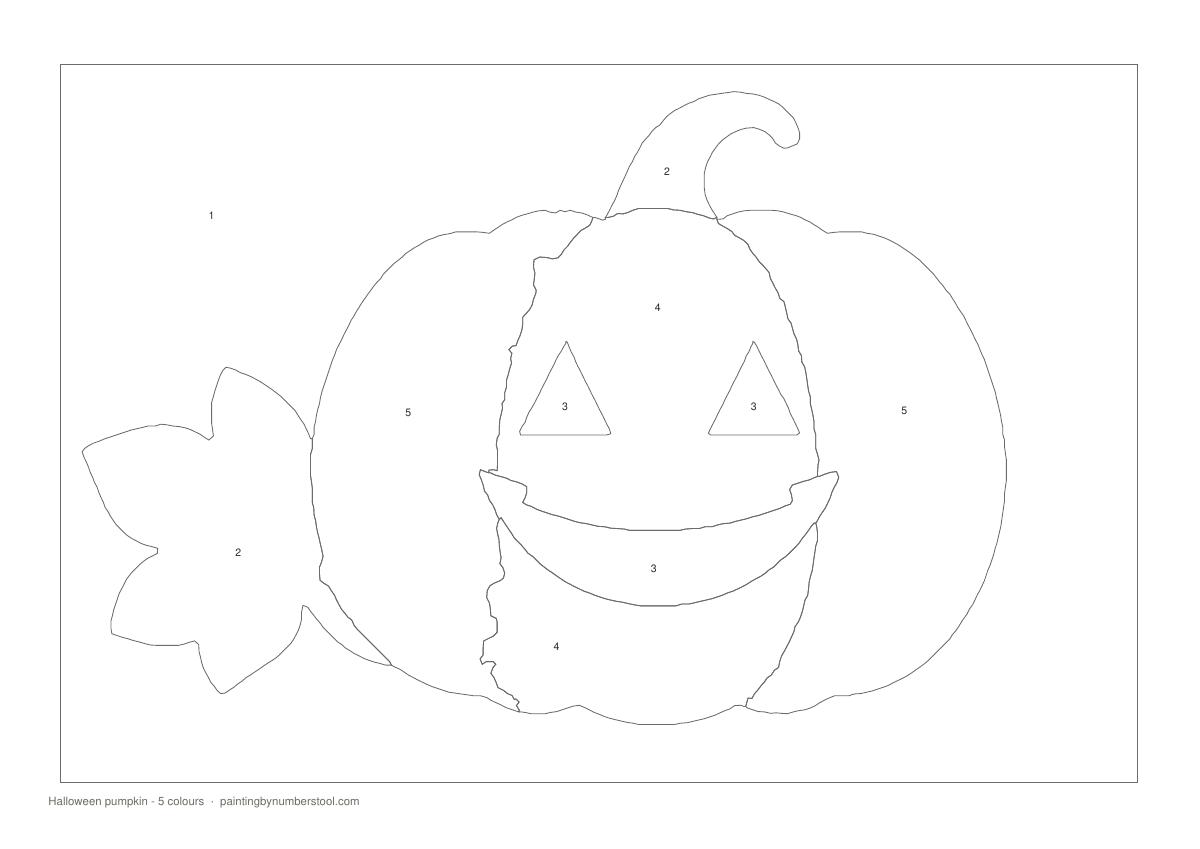 Actual numbered outline page from the free pumpkin PDF, with large pumpkin sections and smaller leaf details
