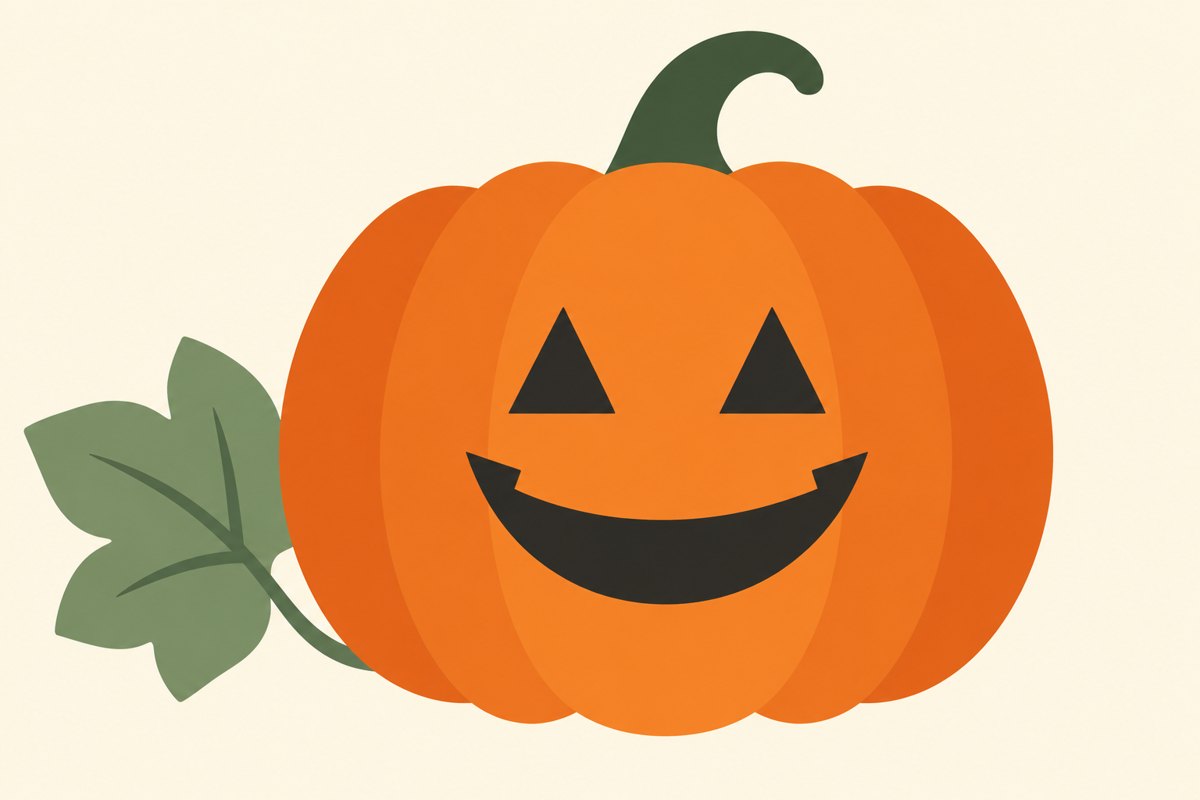 Orange Halloween pumpkin with a green leaf and a simple smiling face