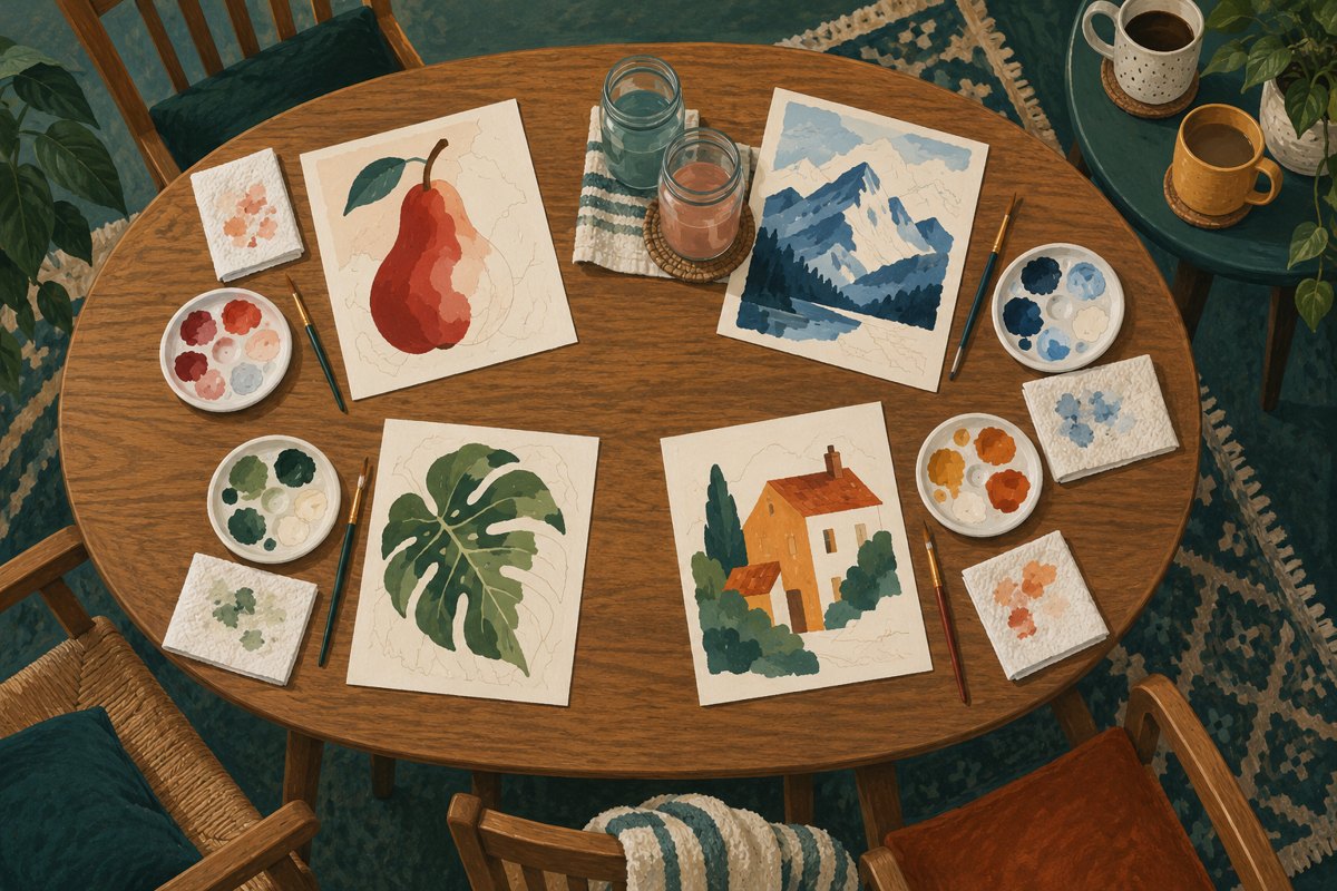 Illustration of four small paintings, brushes and palettes on a shared wooden table