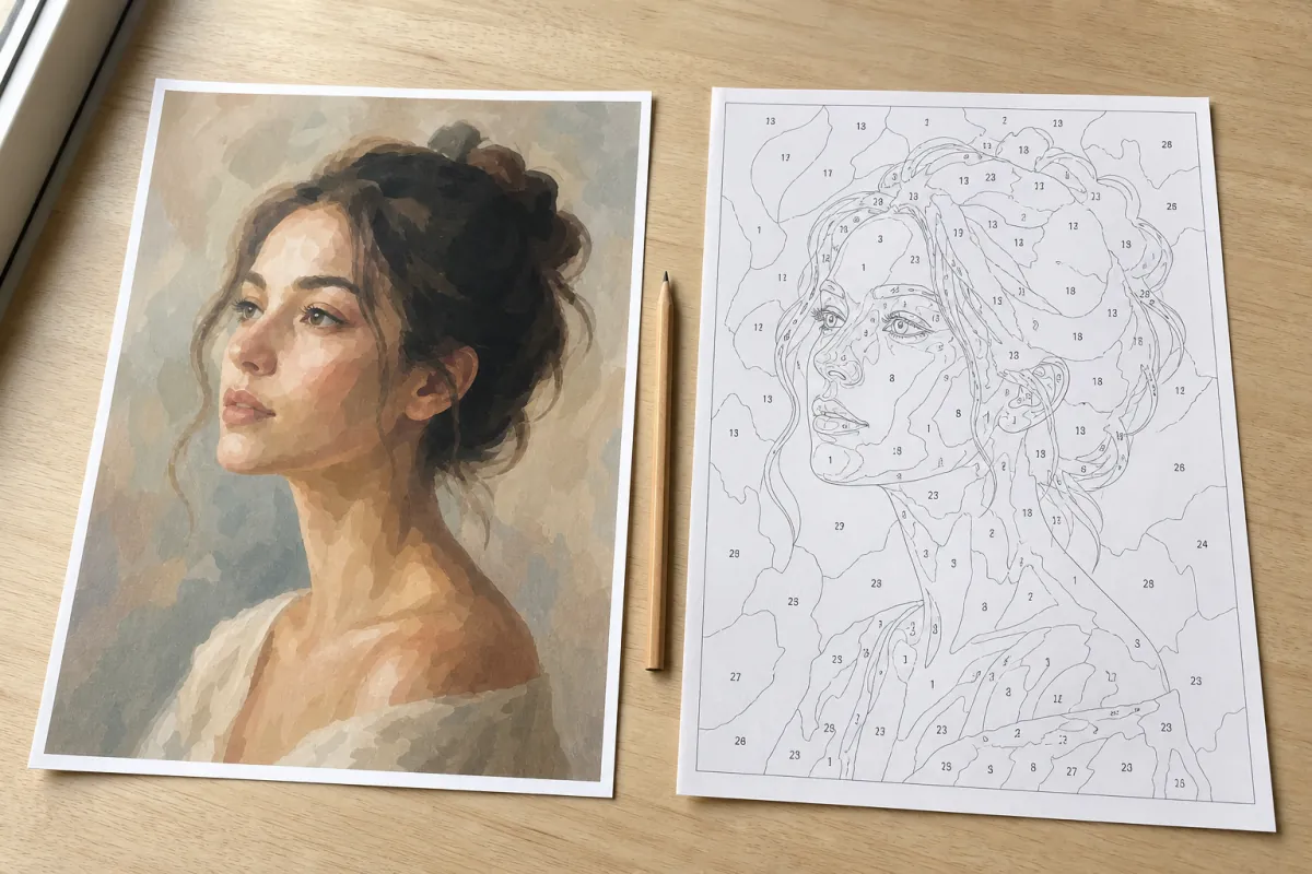 Two printed sheets side by side on a wooden table. The left sheet shows a soft painterly portrait of a woman with blended brushstrokes and no outlines. The right sheet shows the same woman as a black-and-white numbered outline pattern with closed areas around the eyes, jaw and hair.