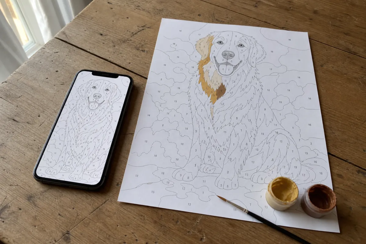A phone on a wooden table showing a numbered paint by numbers outline of a golden retriever, next to a printed A4 sheet of the same pattern with parts already painted, two pots of paint and a fine brush.