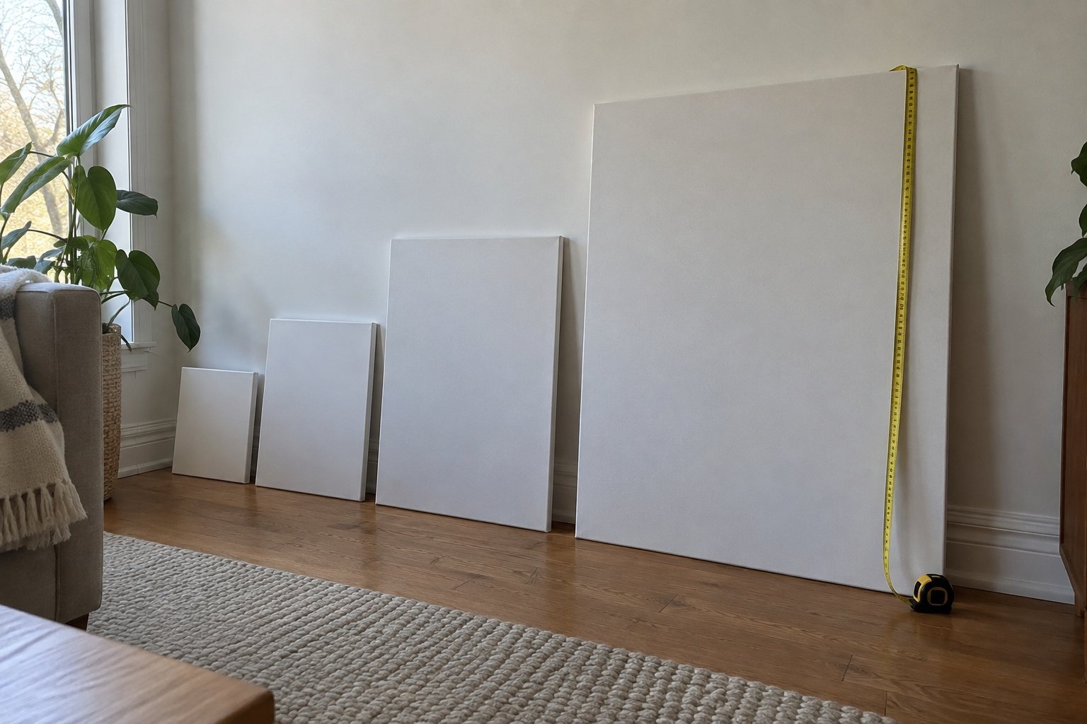 Four blank stretched canvases from small to very large lean in a row against a light living room wall, with a yellow measuring tape draped over the largest one.