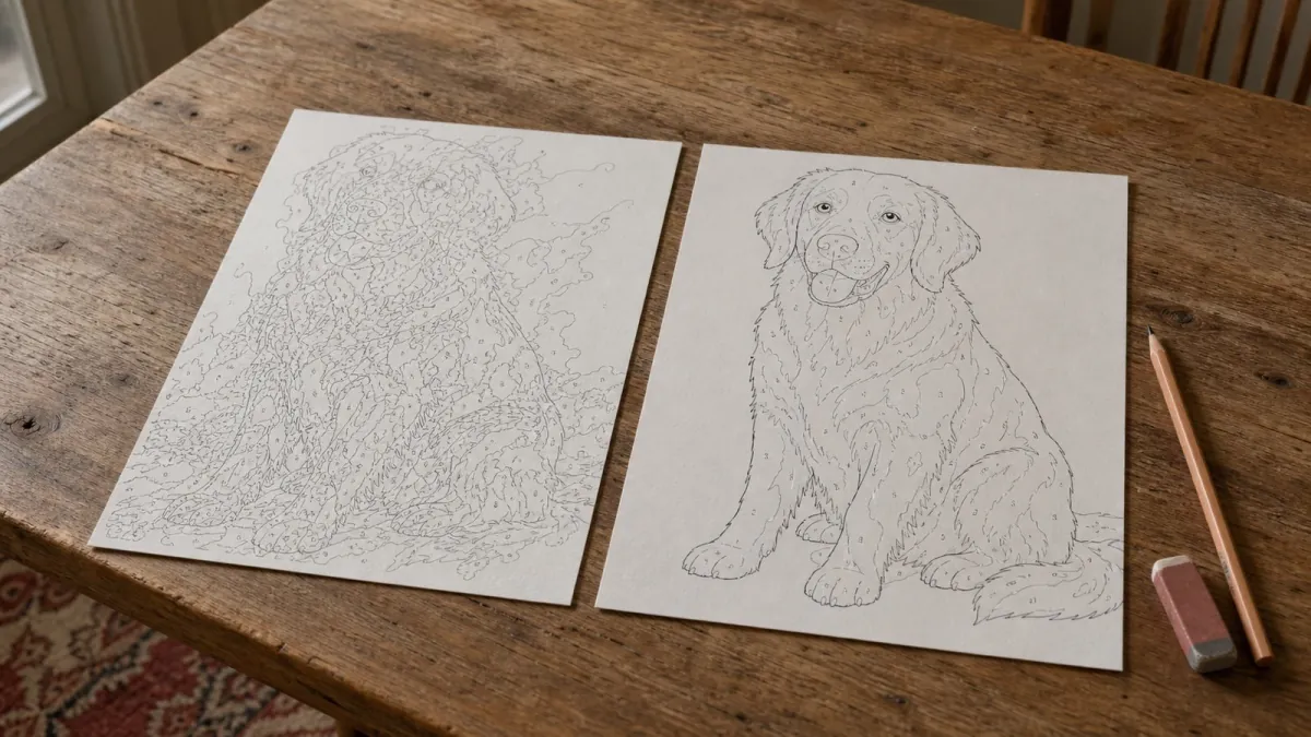 Two printed patterns of the same dog on a wooden table. On the left the outlines run across the coat and the dog is hard to make out; on the right the outlines follow the ears, muzzle and eyes and the dog is clearly recognisable.
